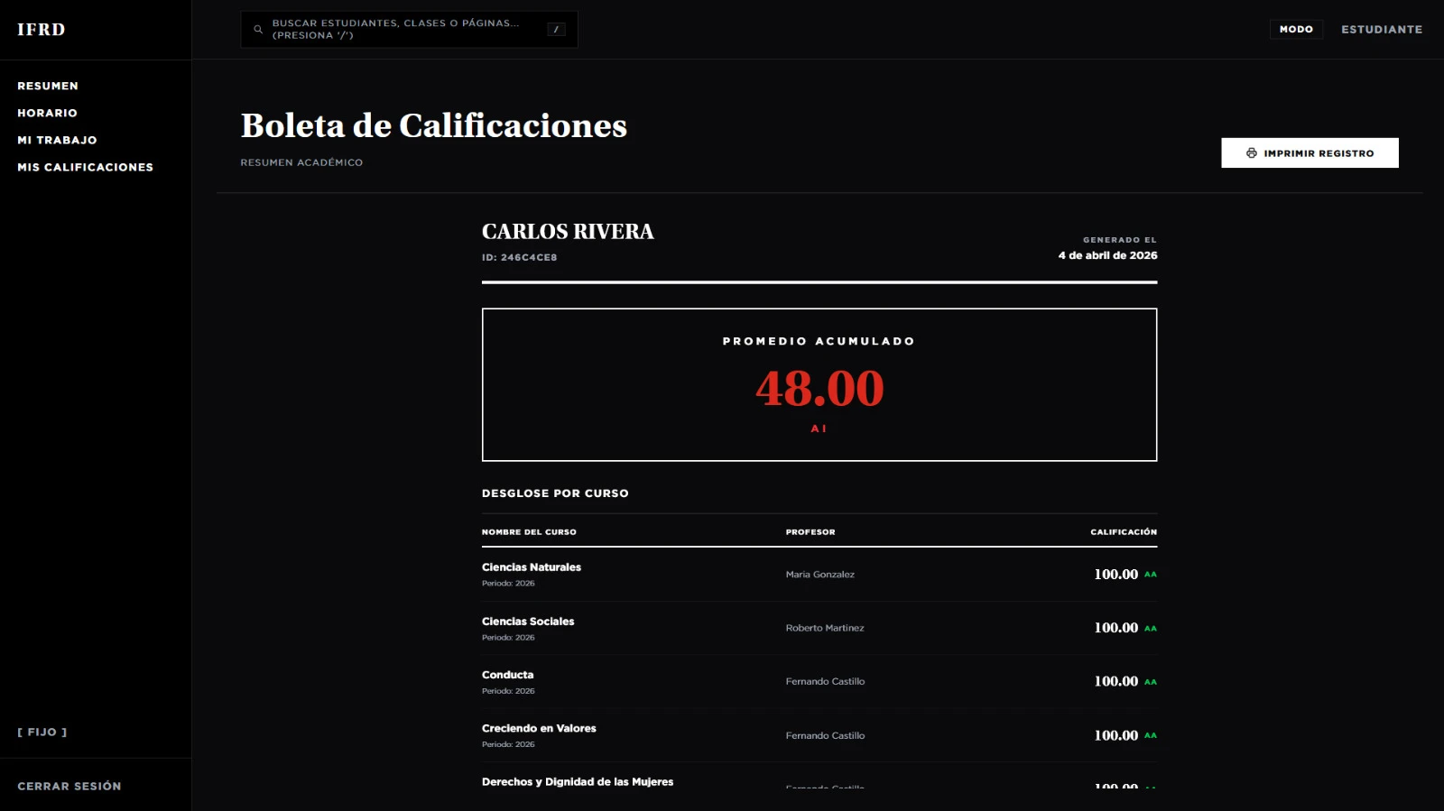 Student grade report